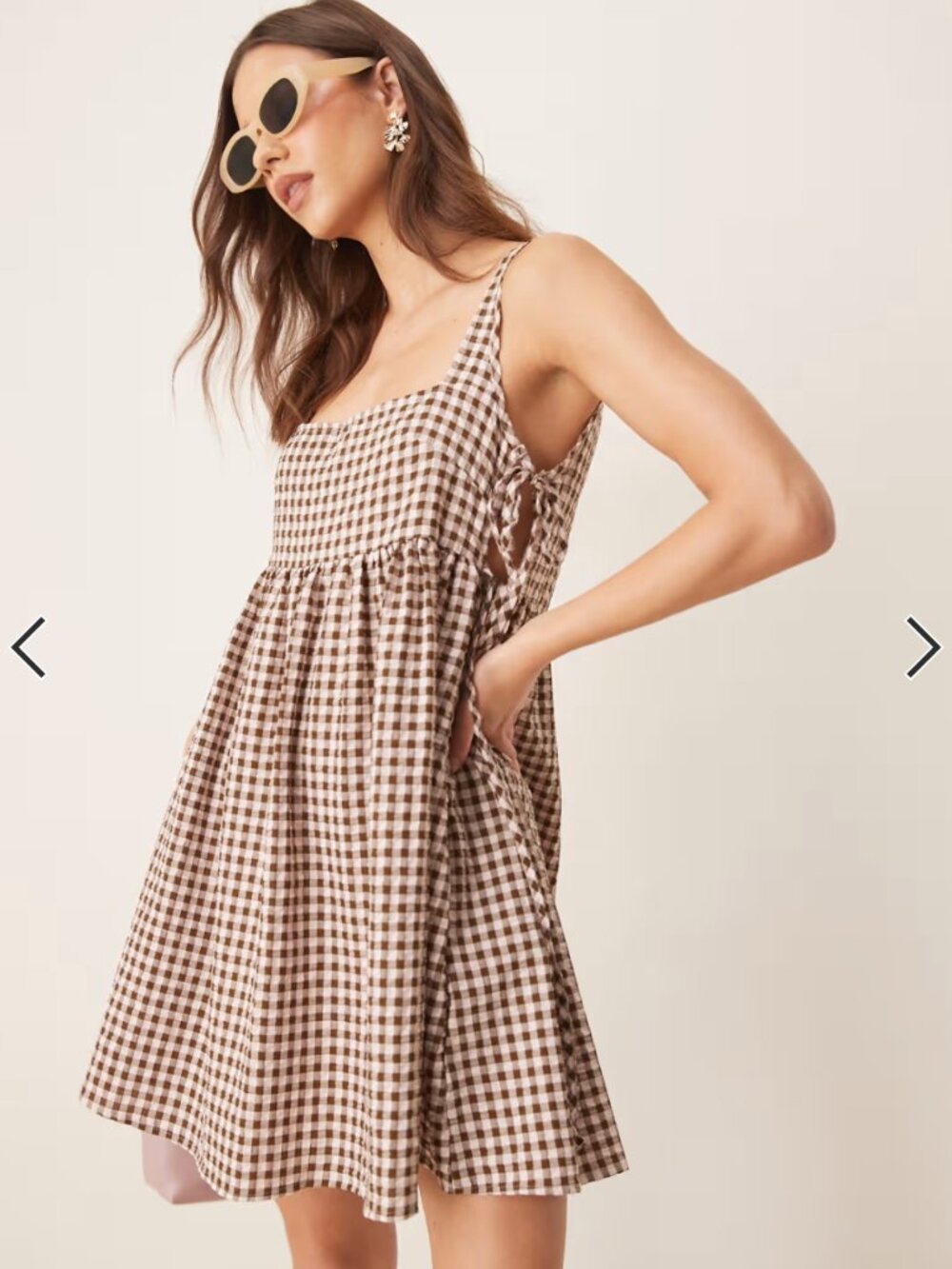 ASOS DESIGN tie side baby doll mini dress in brown gingham